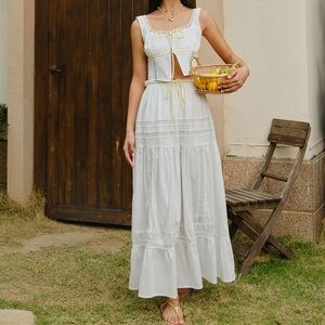 Commense White Maxi Two-Piece Dress with Pale Yellow Ties